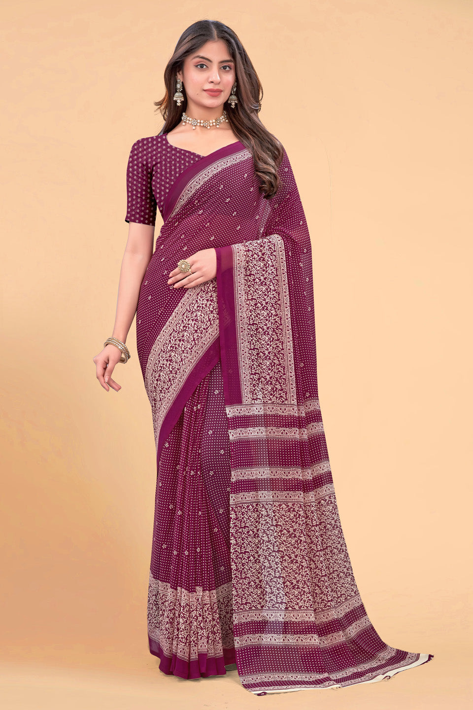 Zamuna Women Deep Purple Georgette Geometric Saree | Regal Evening & Party Wear