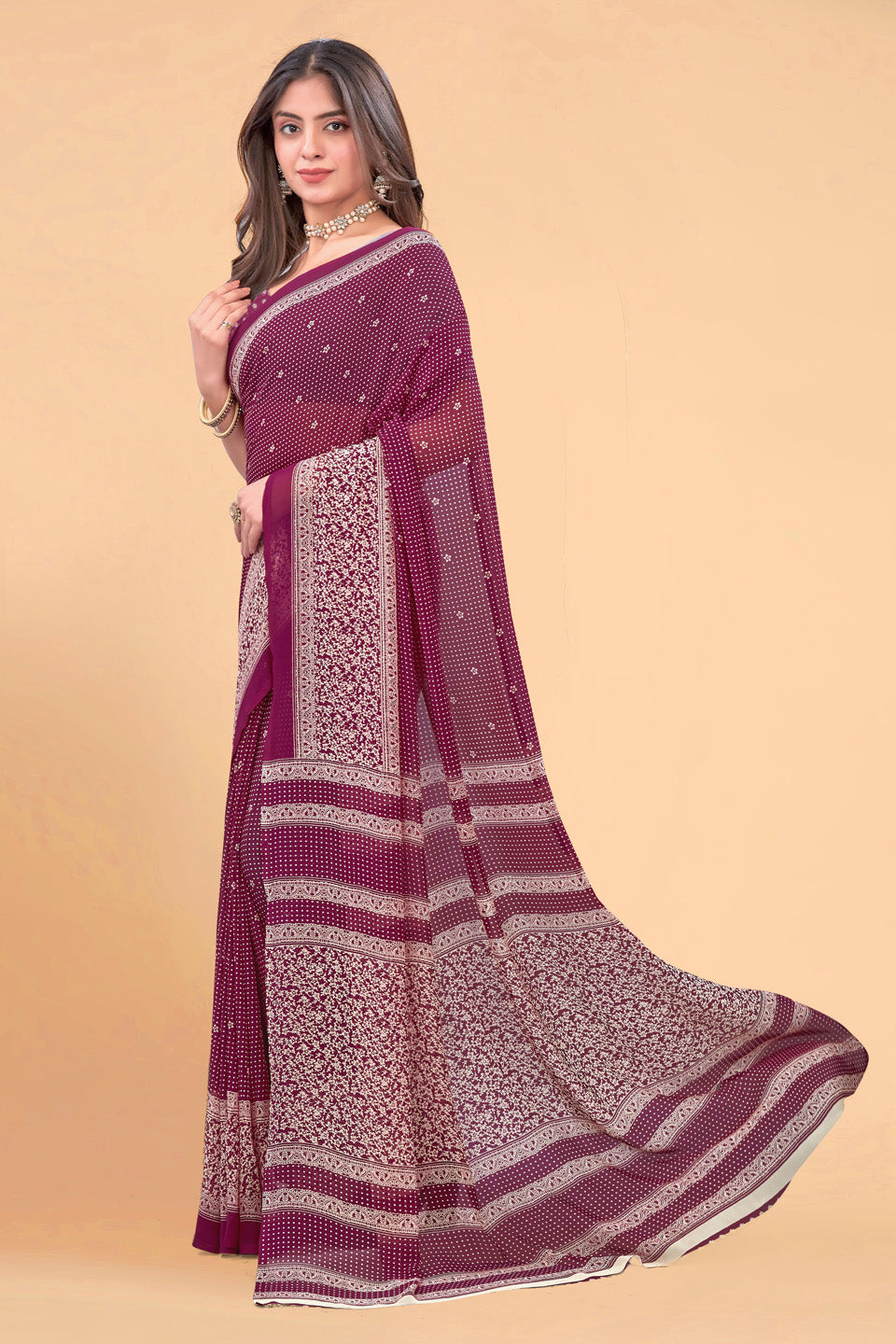 Zamuna Women Deep Purple Georgette Geometric Saree | Regal Evening & Party Wear