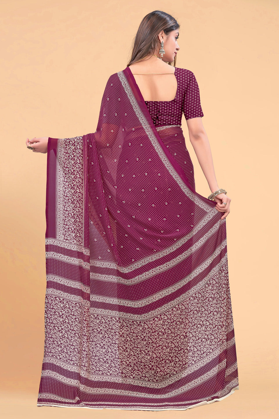 Zamuna Women Deep Purple Georgette Geometric Saree | Regal Evening & Party Wear