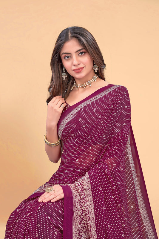 Zamuna Women Deep Purple Georgette Geometric Saree | Regal Evening & Party Wear