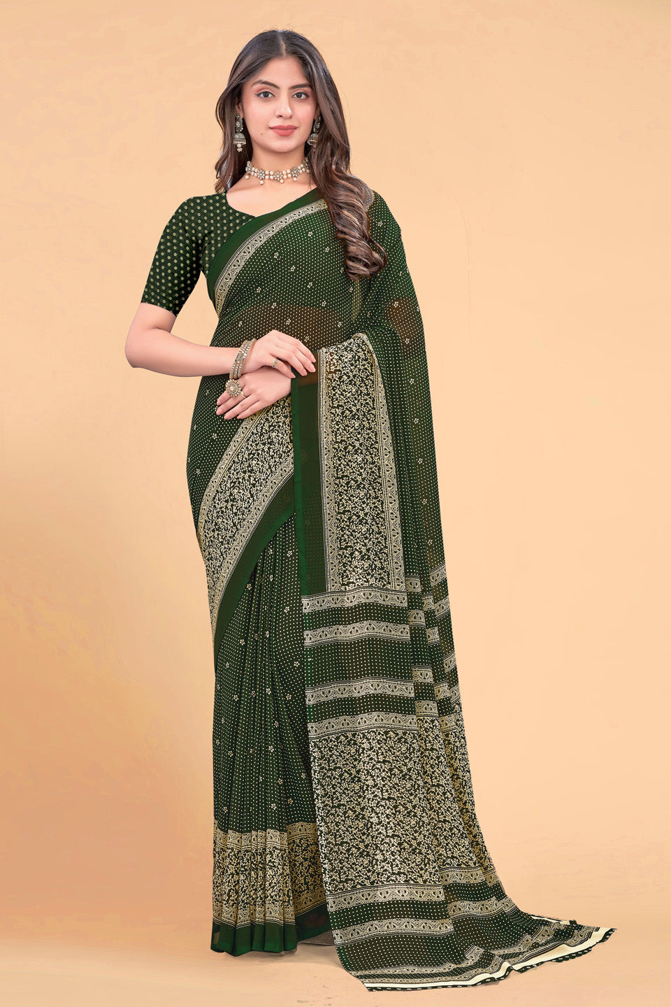 Zamuna Women Emerald Green Georgette Geometric Saree | Effortless Festive Wear
