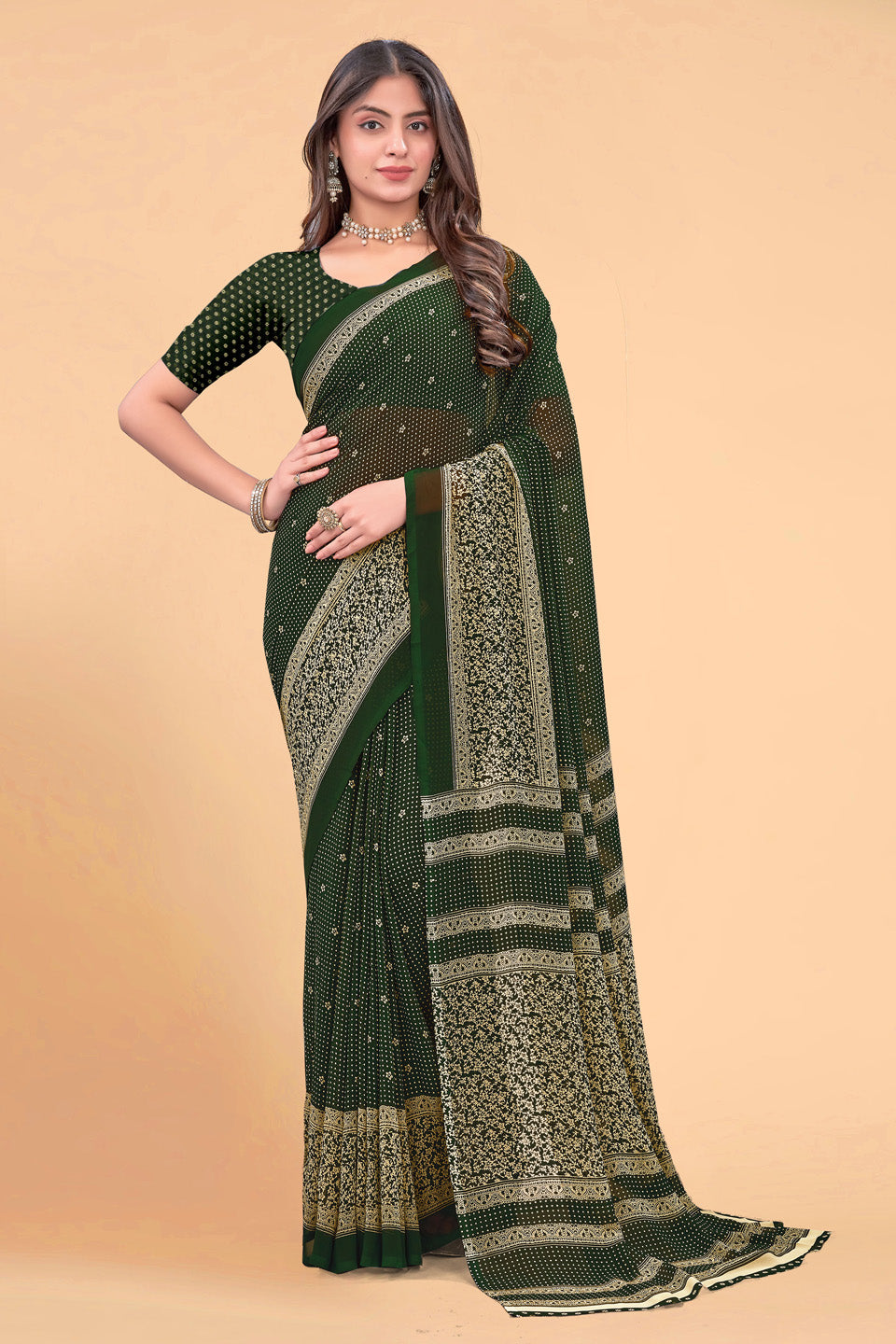 Zamuna Women Emerald Green Georgette Geometric Saree | Effortless Festive Wear