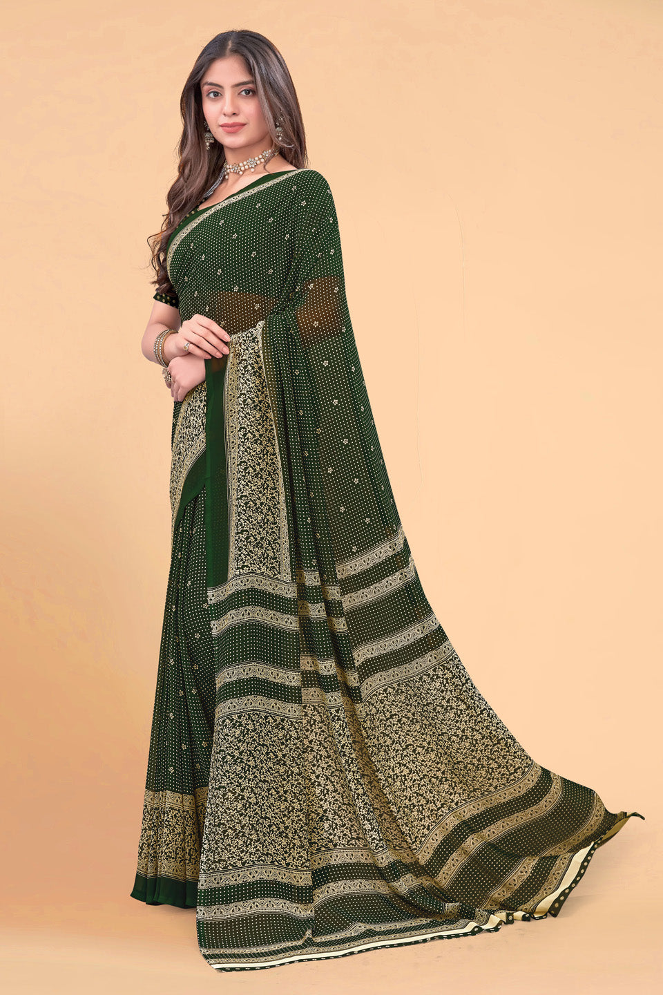 Zamuna Women Emerald Green Georgette Geometric Saree | Effortless Festive Wear