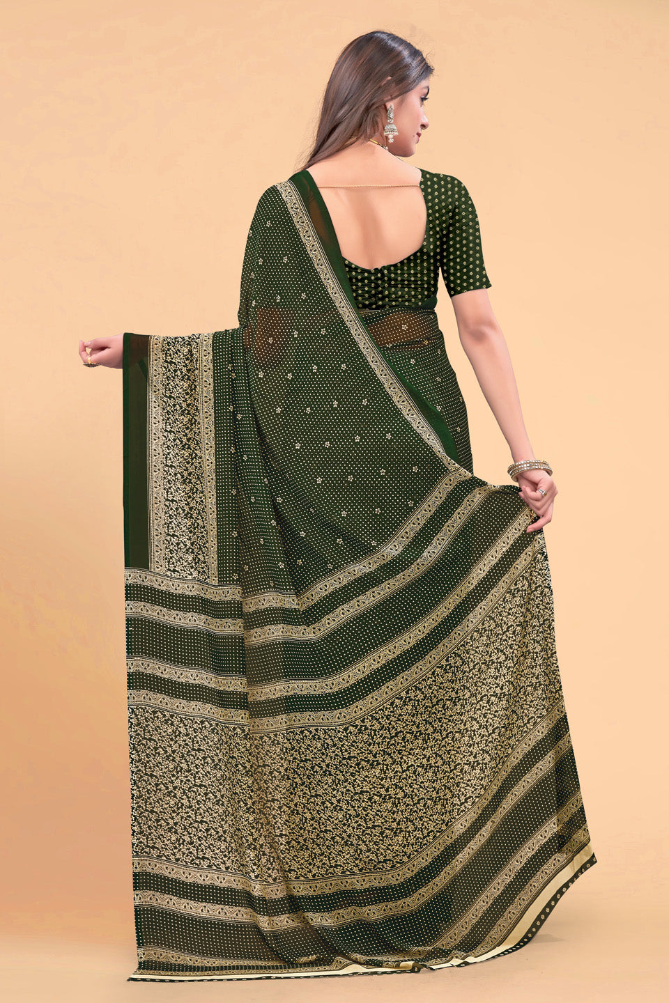 Zamuna Women Emerald Green Georgette Geometric Saree | Effortless Festive Wear