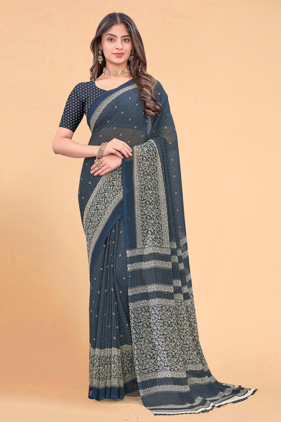 Zamuna Women Classic Blue Georgette Geometric Saree | Stylish Evening Party Wear