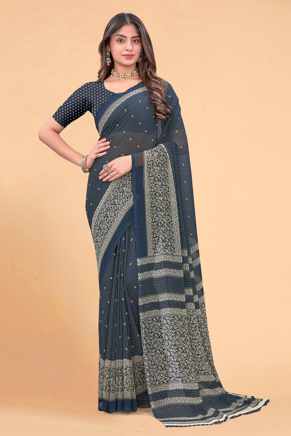Zamuna Women Classic Blue Georgette Geometric Saree | Stylish Evening Party Wear