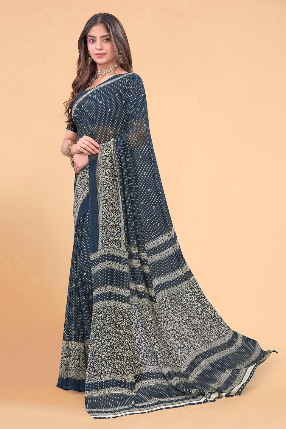 Zamuna Women Classic Blue Georgette Geometric Saree | Stylish Evening Party Wear