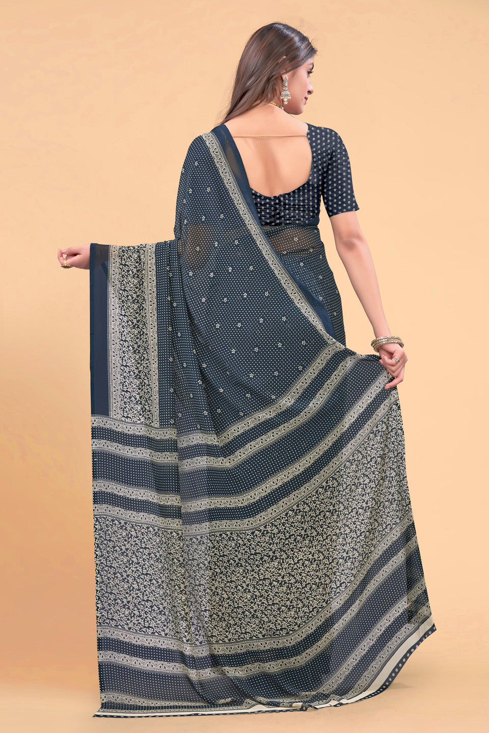 Zamuna Women Classic Blue Georgette Geometric Saree | Stylish Evening Party Wear