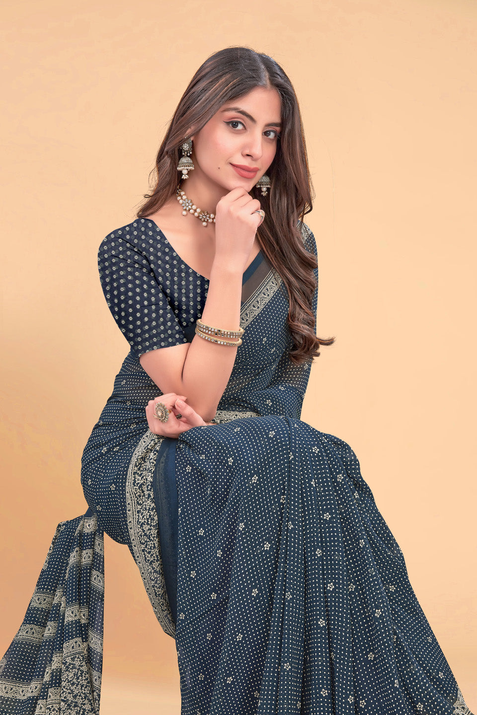 Zamuna Women Classic Blue Georgette Geometric Saree | Stylish Evening Party Wear