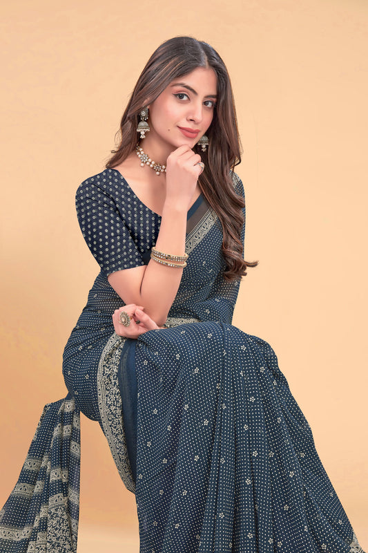 Zamuna Women Classic Blue Georgette Geometric Saree | Stylish Evening Party Wear