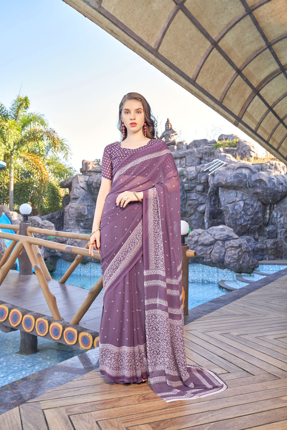 Zamuna Women Soft Lavender Georgette Geometric Saree | Subtle Pastel Party Wear