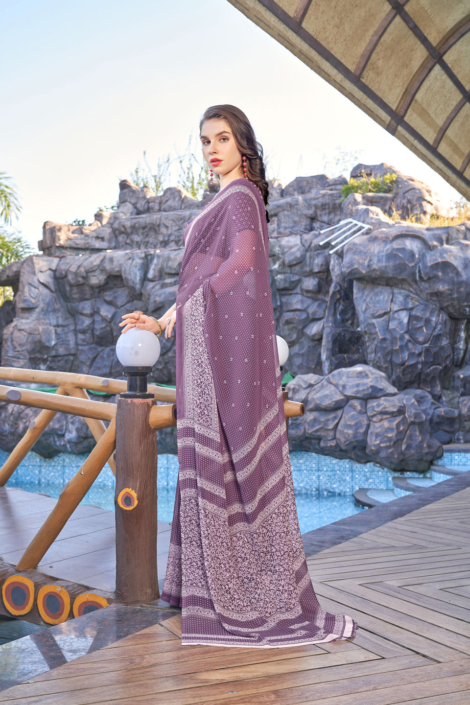 Zamuna Women Soft Lavender Georgette Geometric Saree | Subtle Pastel Party Wear