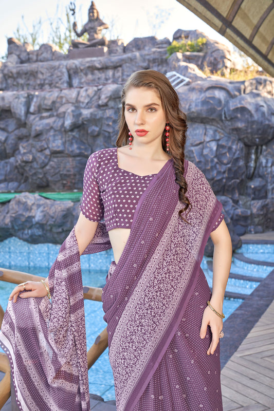 Zamuna Women Soft Lavender Georgette Geometric Saree | Subtle Pastel Party Wear