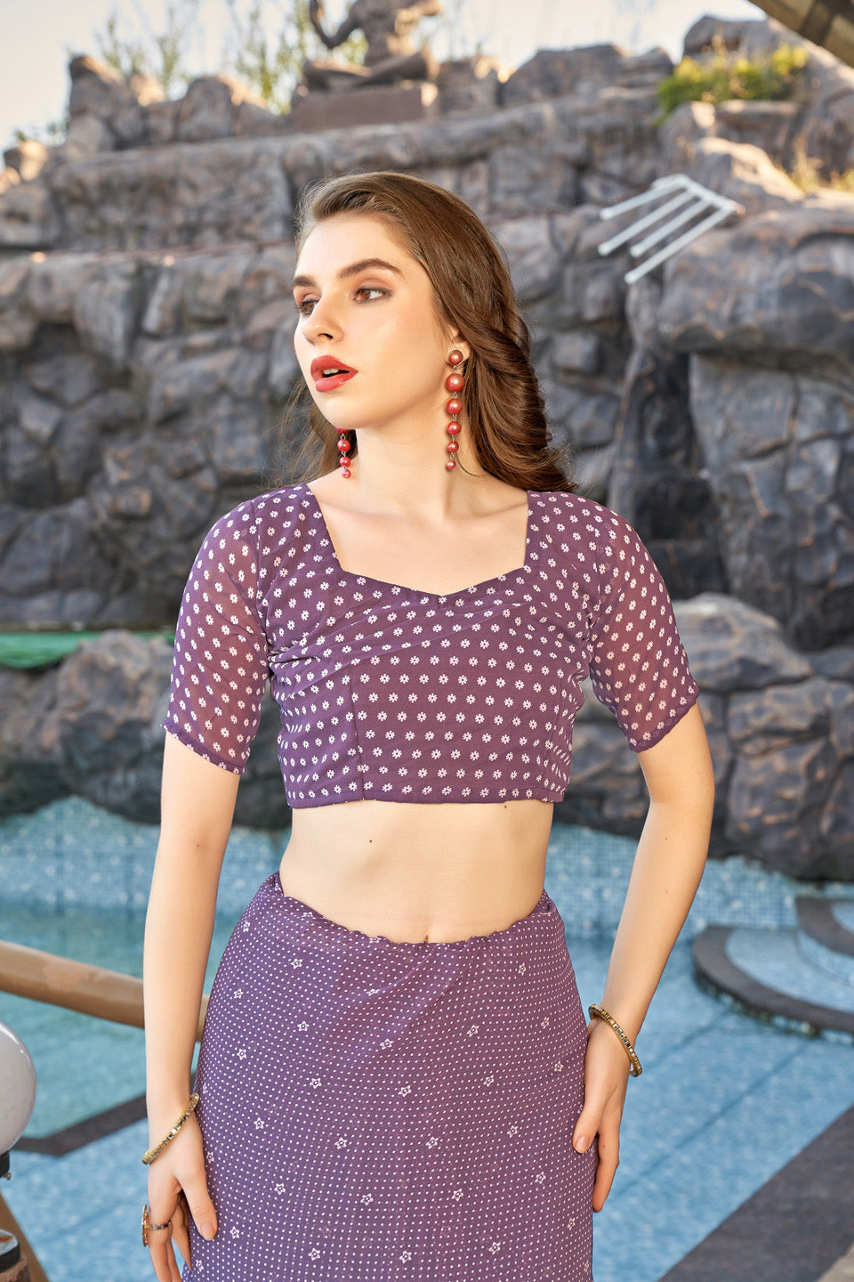 Zamuna Women Soft Lavender Georgette Geometric Saree | Subtle Pastel Party Wear