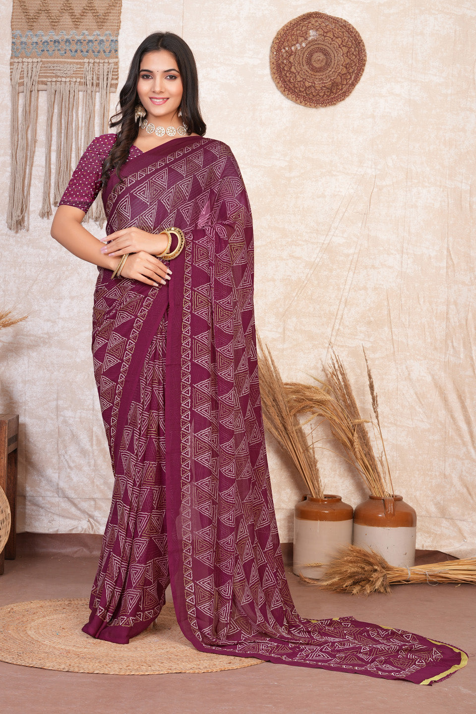 Zamuna Women Royal Purple Georgette Geometric Saree | Luxurious Evening Festive Wear