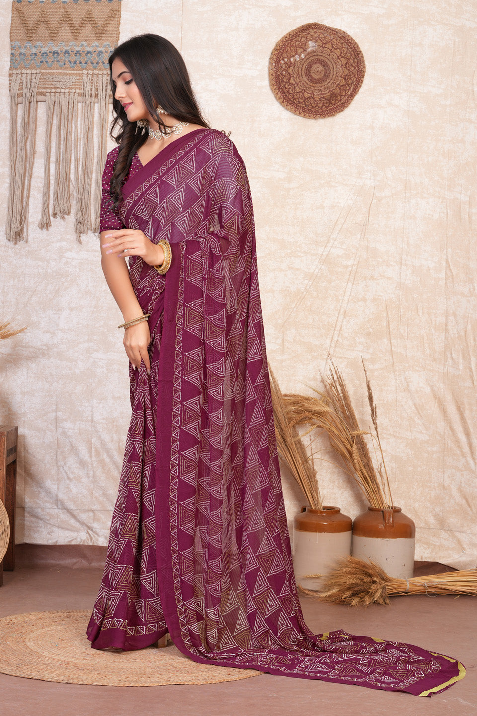 Zamuna Women Royal Purple Georgette Geometric Saree | Luxurious Evening Festive Wear