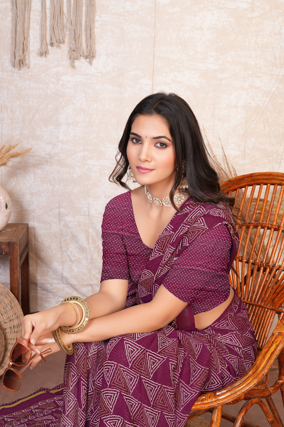 Zamuna Women Royal Purple Georgette Geometric Saree | Luxurious Evening Festive Wear