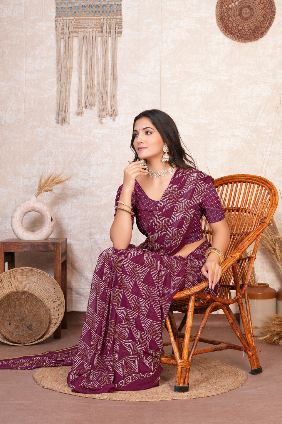Zamuna Women Royal Purple Georgette Geometric Saree | Luxurious Evening Festive Wear