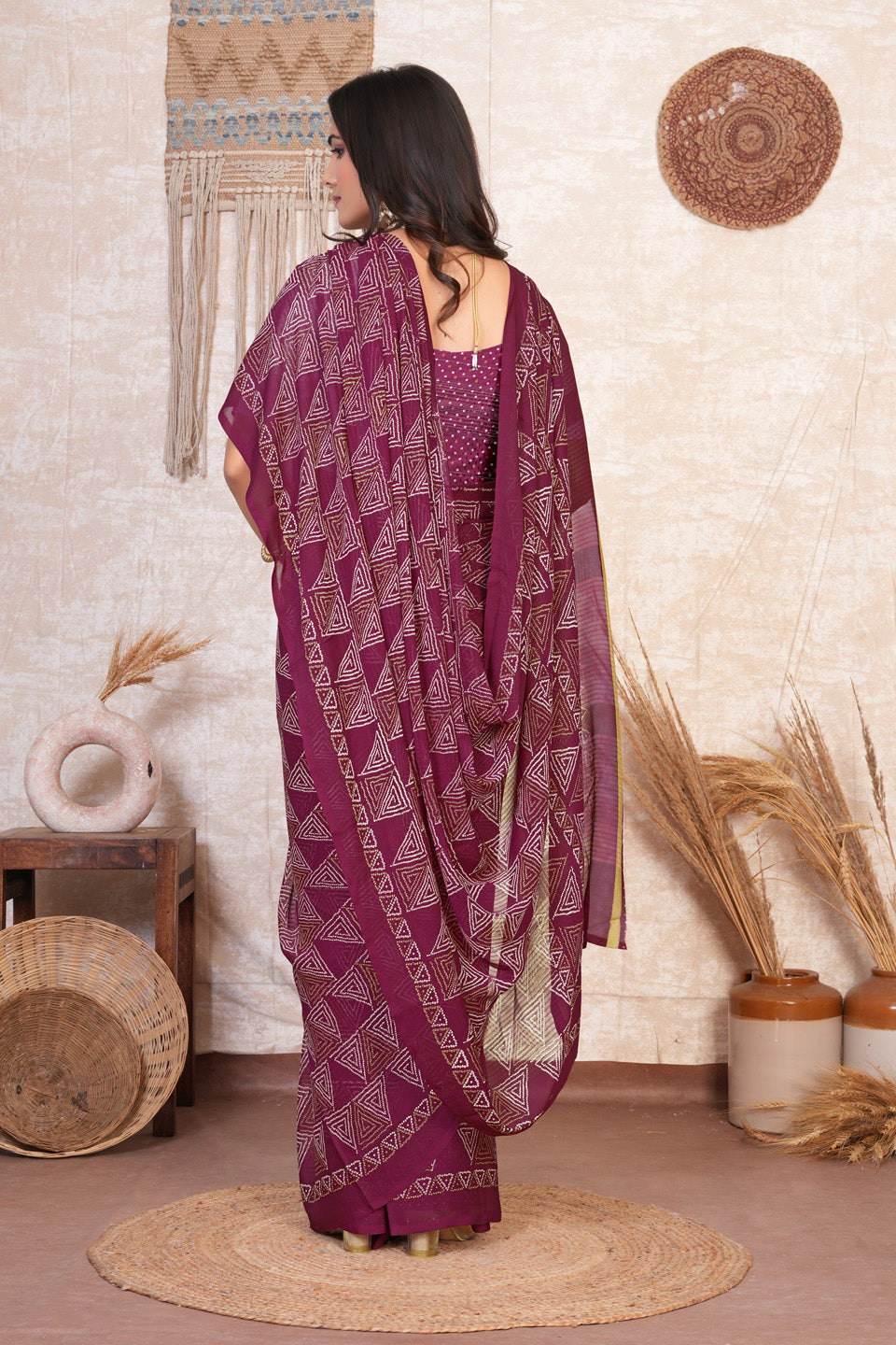 Zamuna Women Royal Purple Georgette Geometric Saree | Luxurious Evening Festive Wear