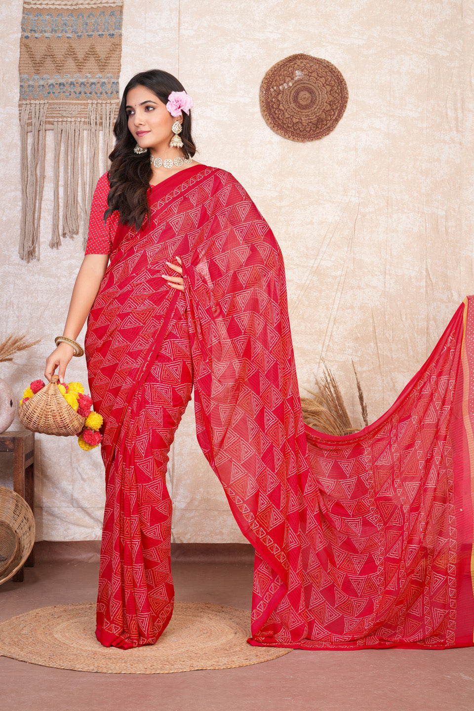 Zamuna Women Classic Red Georgette Geometric Saree | Dazzling Party & Festive Wear
