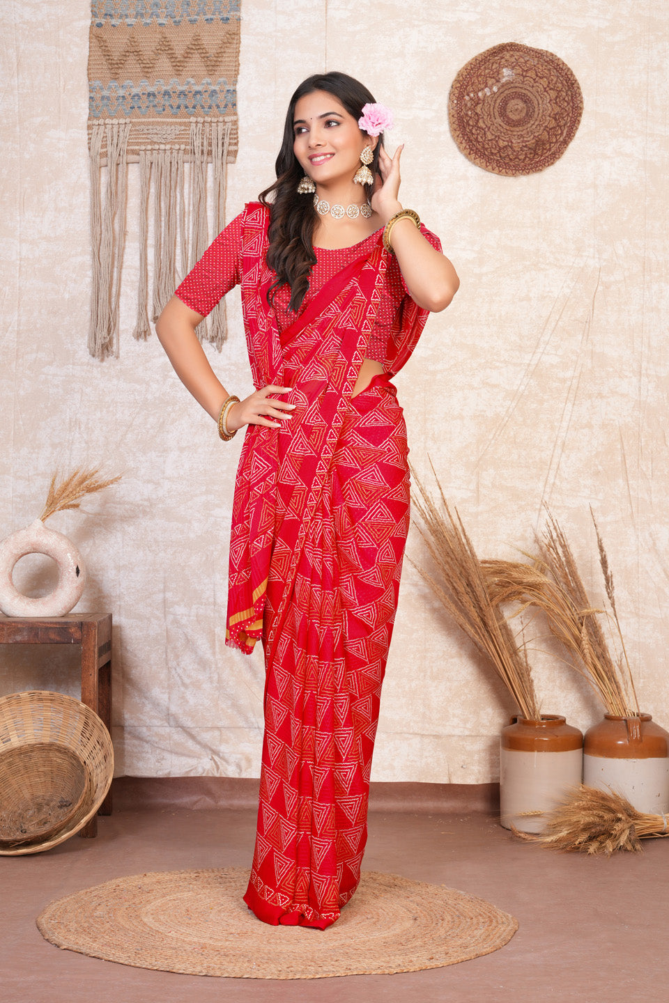 Zamuna Women Classic Red Georgette Geometric Saree | Dazzling Party & Festive Wear