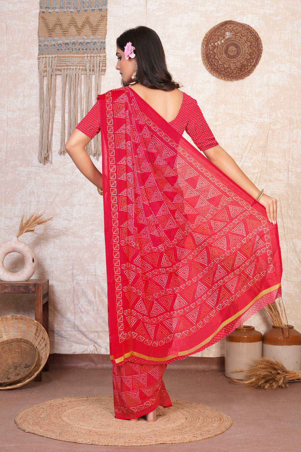 Zamuna Women Classic Red Georgette Geometric Saree | Dazzling Party & Festive Wear