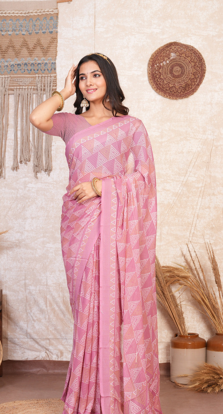 Zamuna Women Soft Pink Georgette Geometric Saree | Light & Lovely Day Wear