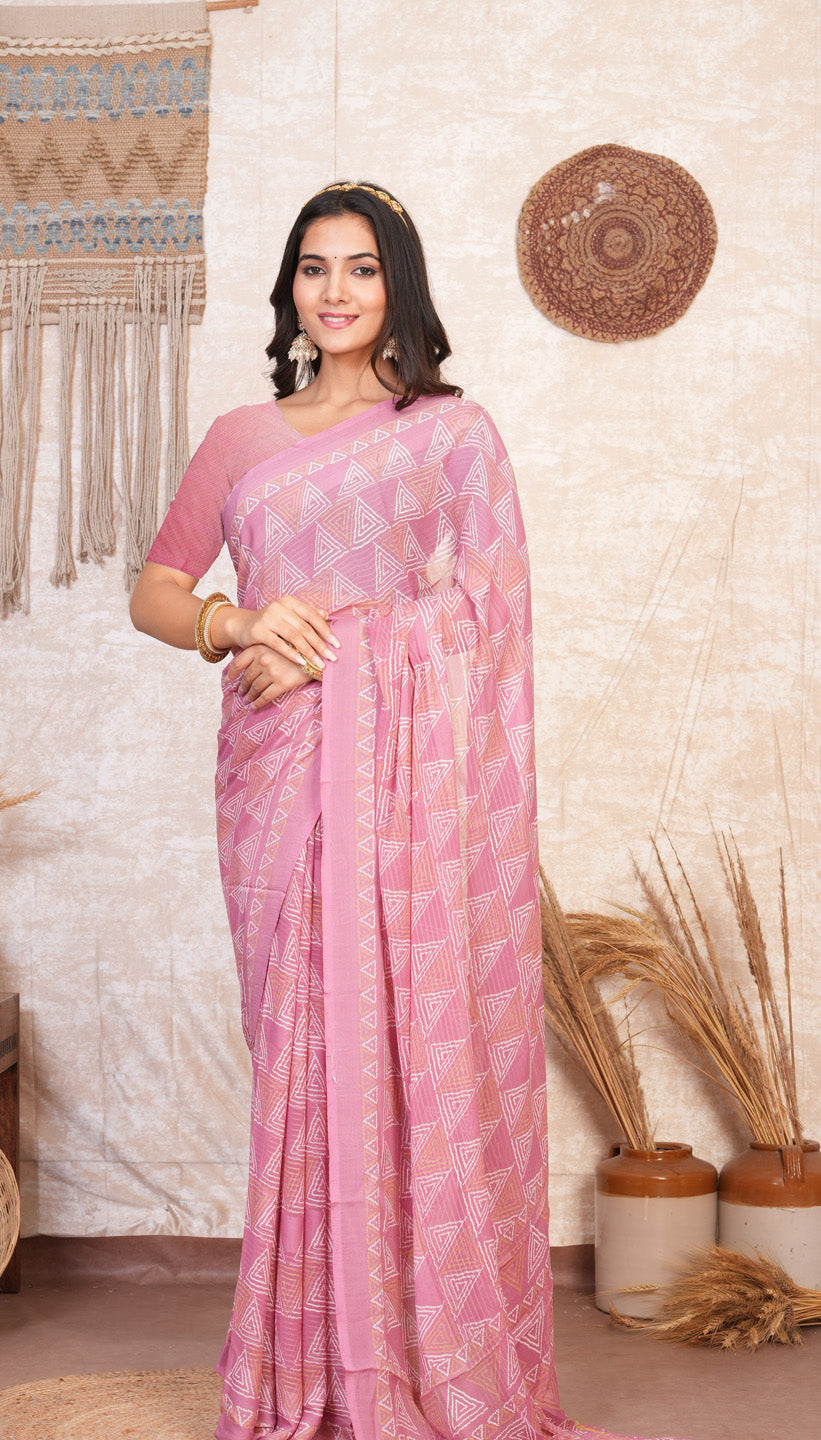 Zamuna Women Soft Pink Georgette Geometric Saree | Light & Lovely Day Wear
