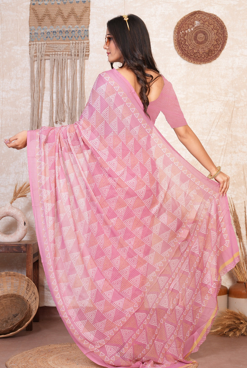 Zamuna Women Soft Pink Georgette Geometric Saree | Light & Lovely Day Wear