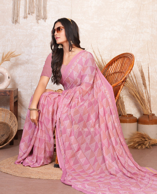 Zamuna Women Soft Pink Georgette Geometric Saree | Light & Lovely Day Wear