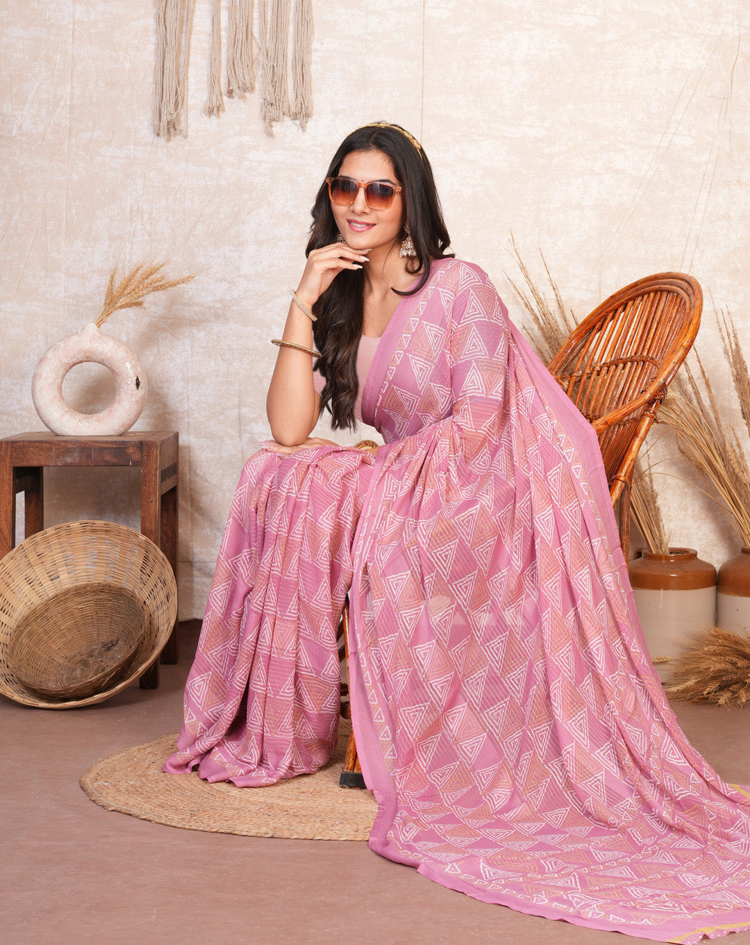 Zamuna Women Soft Pink Georgette Geometric Saree | Light & Lovely Day Wear