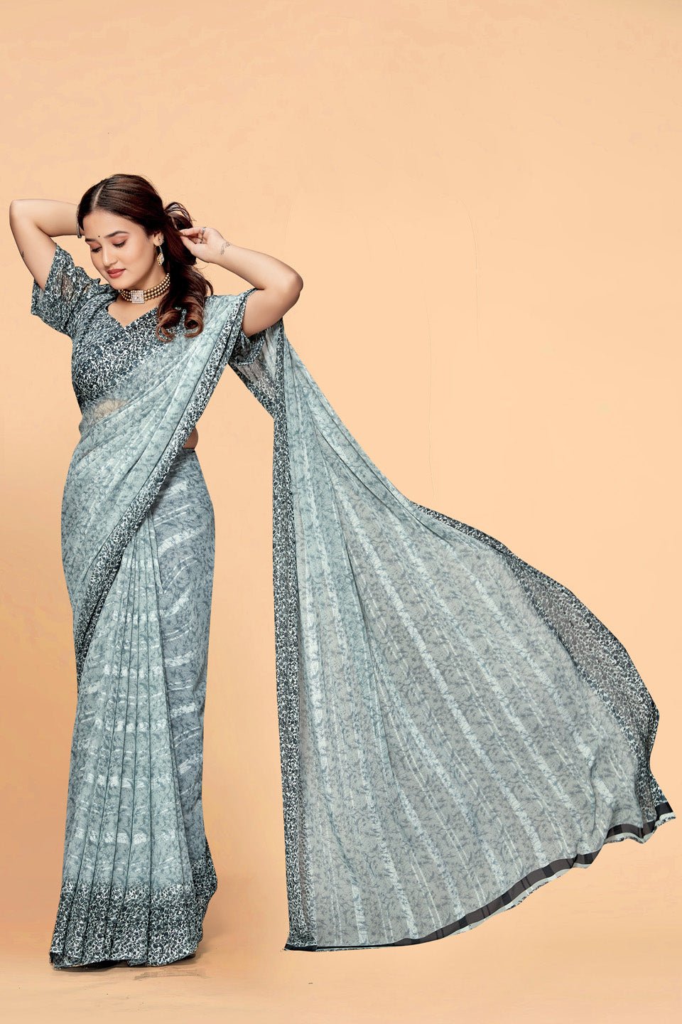 Zamuna Women Elegant Grey Georgette Geometric Saree | Chic & Modern Office Wear