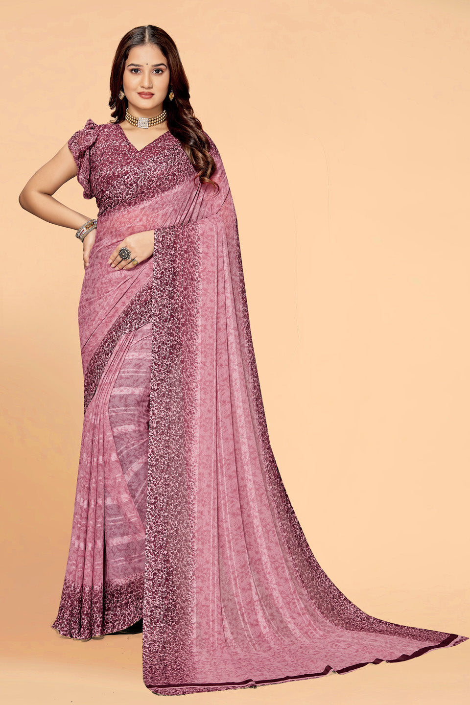 Zamuna Women Deep Purple Georgette Geometric Saree | Regal Evening & Party Wear