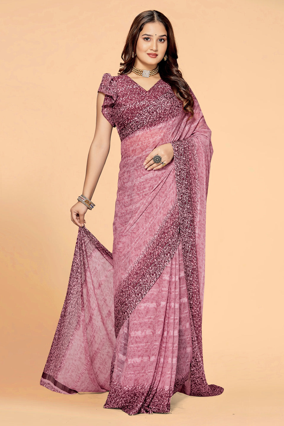Zamuna Women Deep Purple Georgette Geometric Saree | Regal Evening & Party Wear