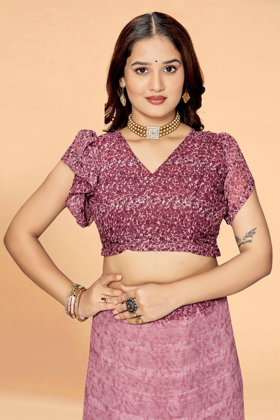 Zamuna Women Deep Purple Georgette Geometric Saree | Regal Evening & Party Wear