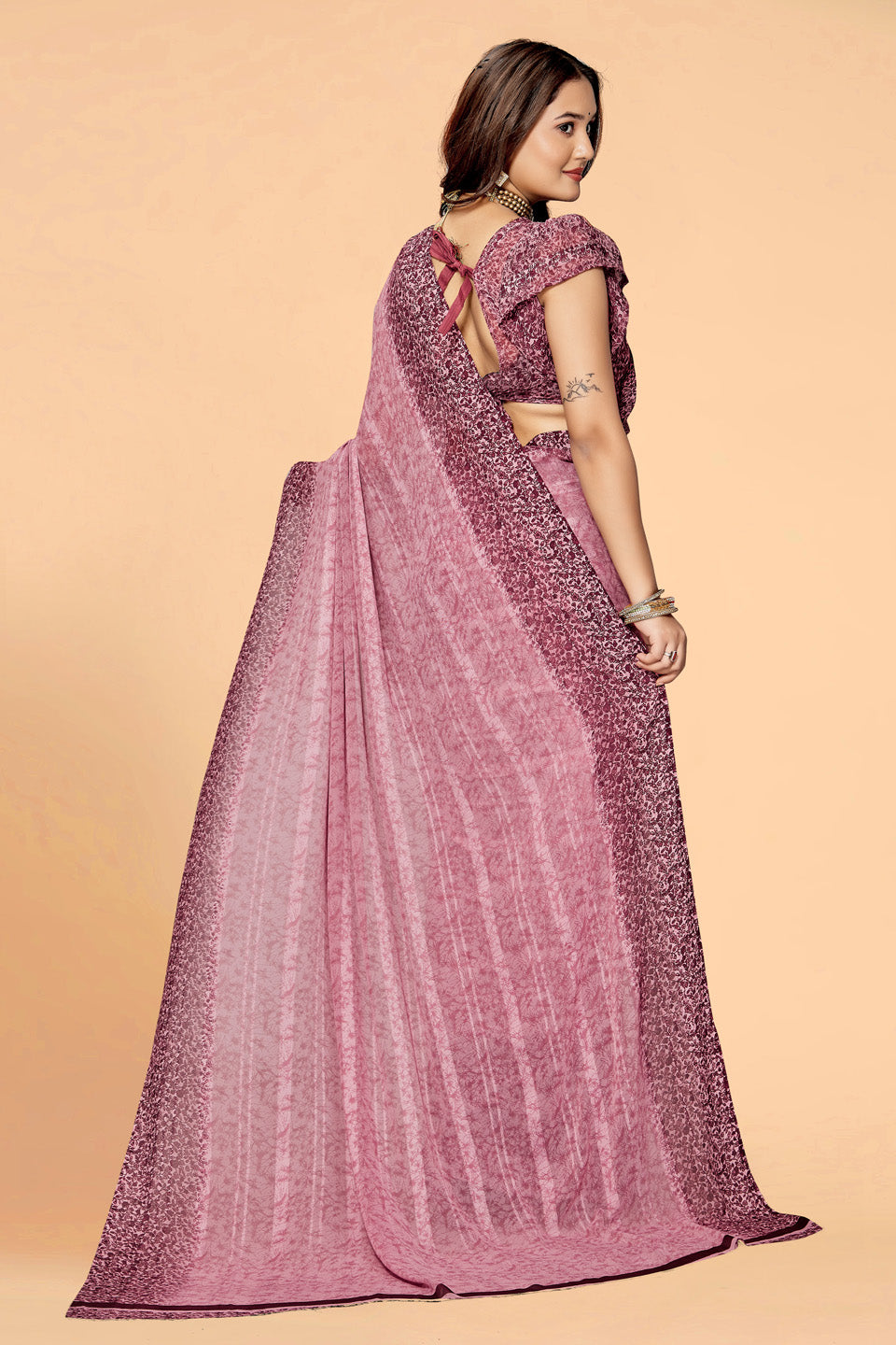 Zamuna Women Deep Purple Georgette Geometric Saree | Regal Evening & Party Wear