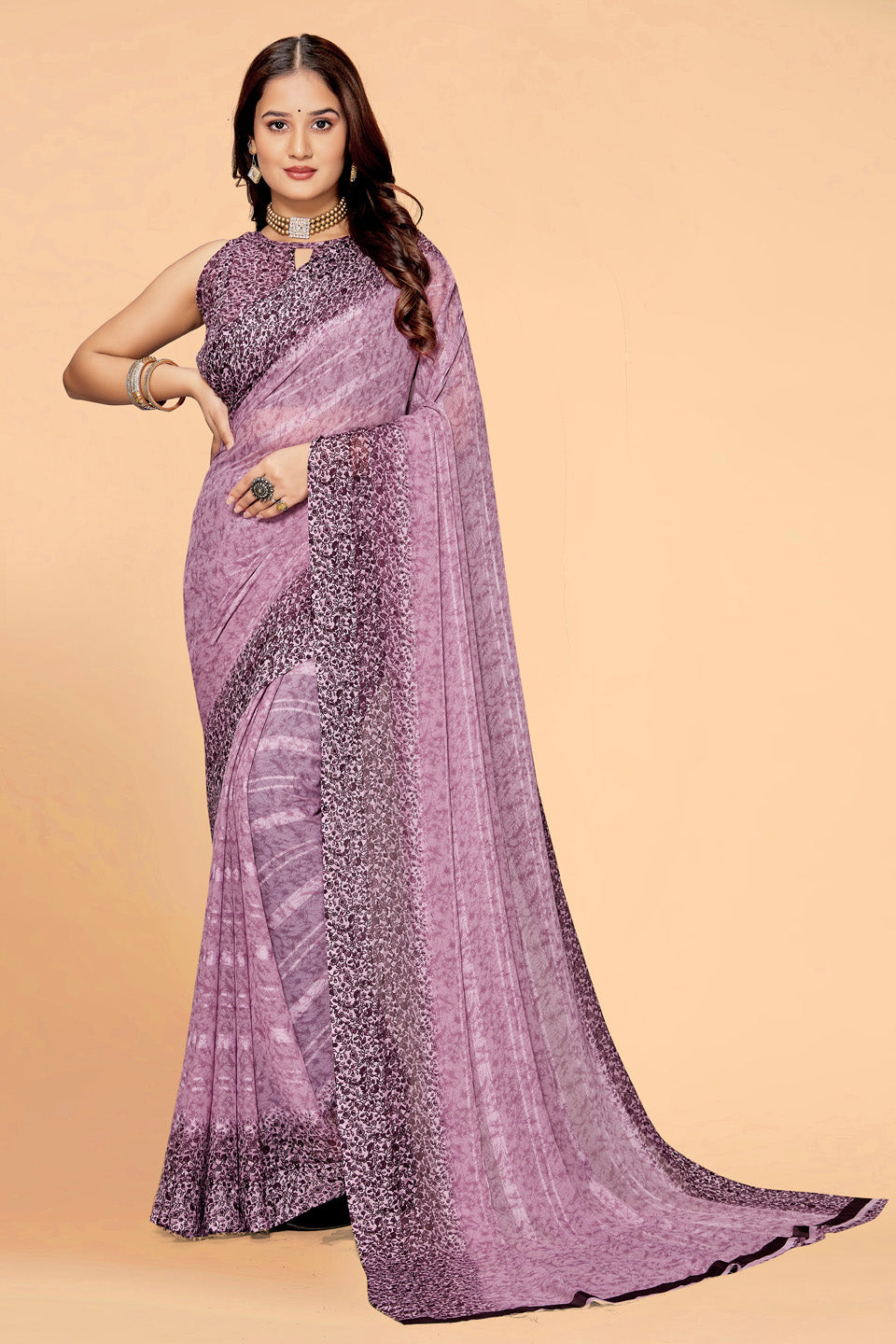 💜 Zamuna Women Royal Purple Georgette Geometric Printed Saree | Lightweight Party Wear Saree