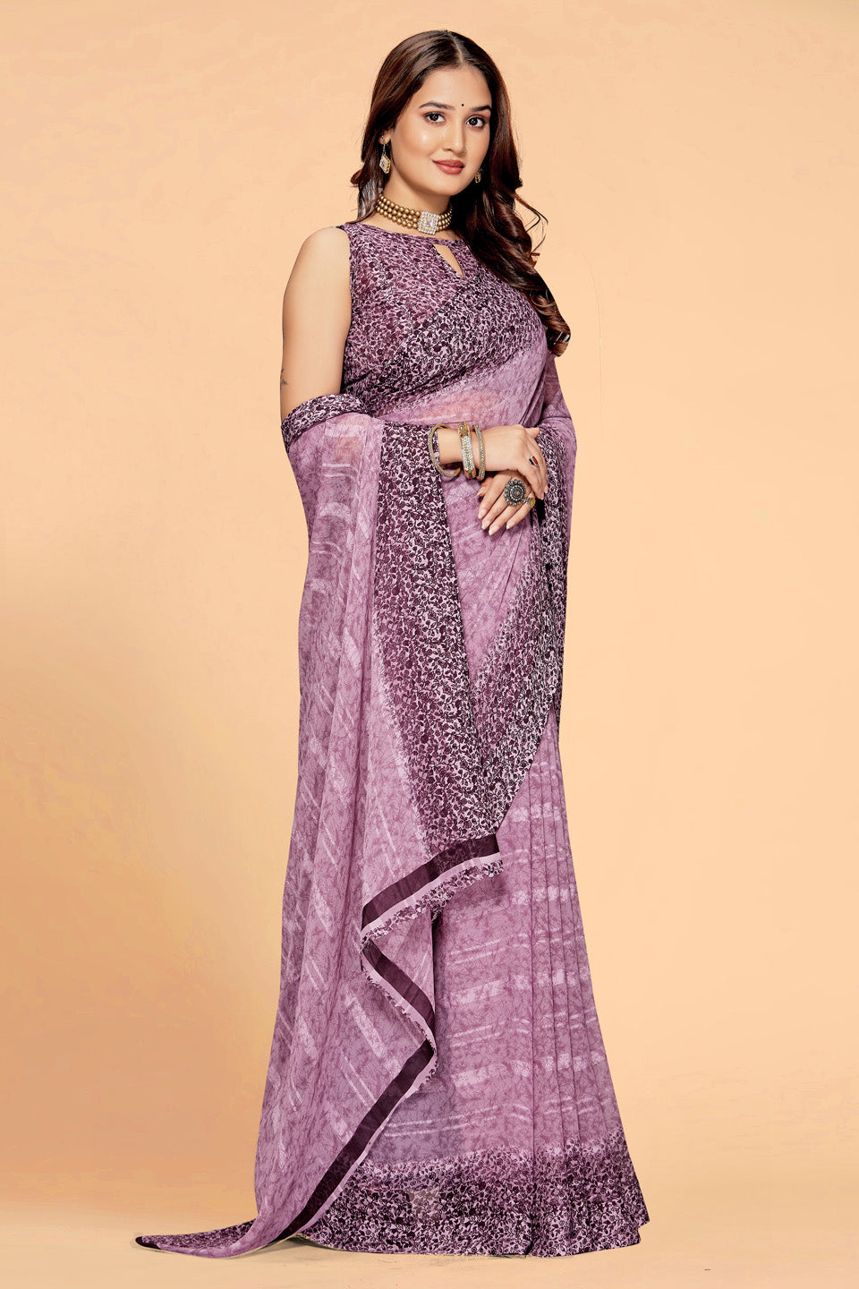 💜 Zamuna Women Royal Purple Georgette Geometric Printed Saree | Lightweight Party Wear Saree
