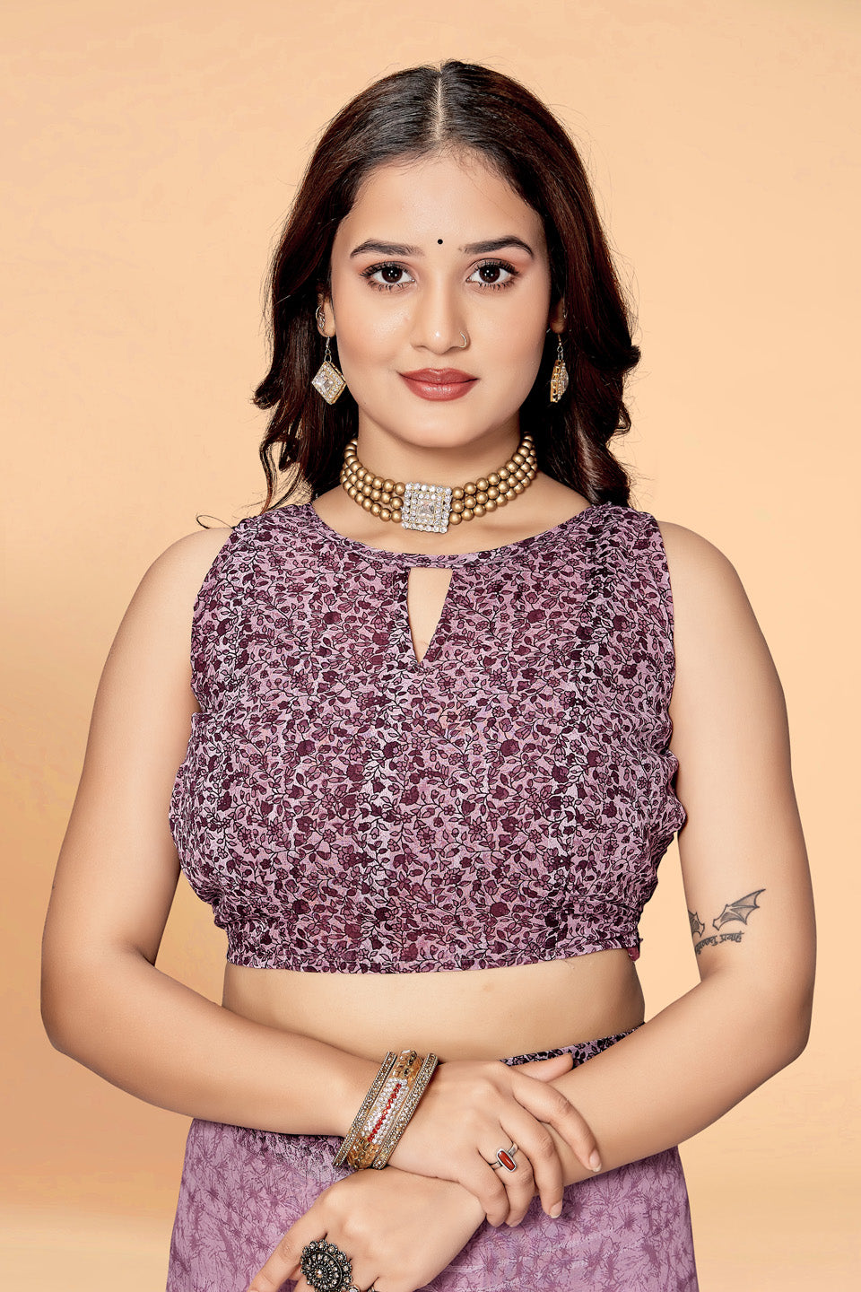 💜 Zamuna Women Royal Purple Georgette Geometric Printed Saree | Lightweight Party Wear Saree