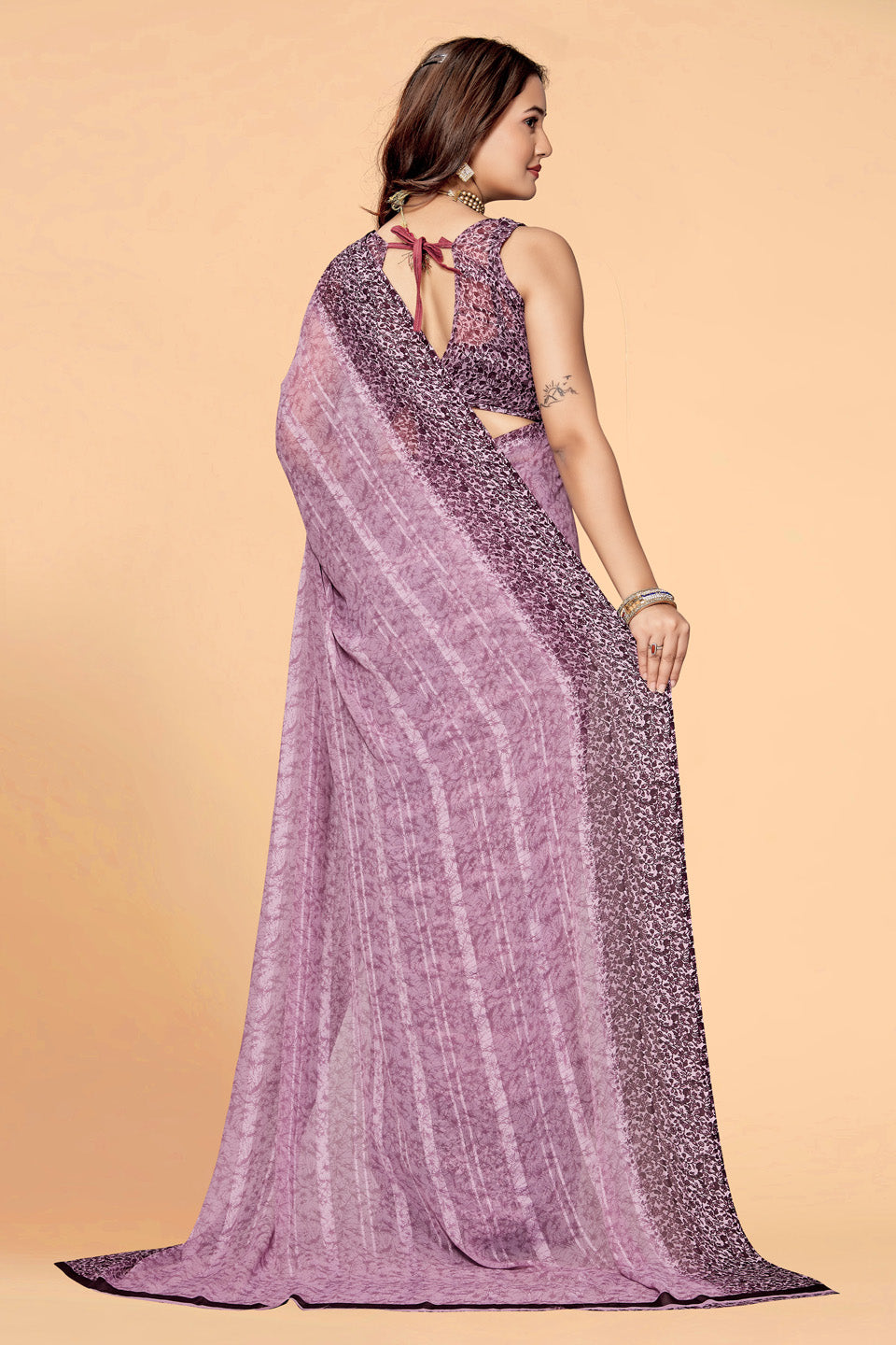💜 Zamuna Women Royal Purple Georgette Geometric Printed Saree | Lightweight Party Wear Saree