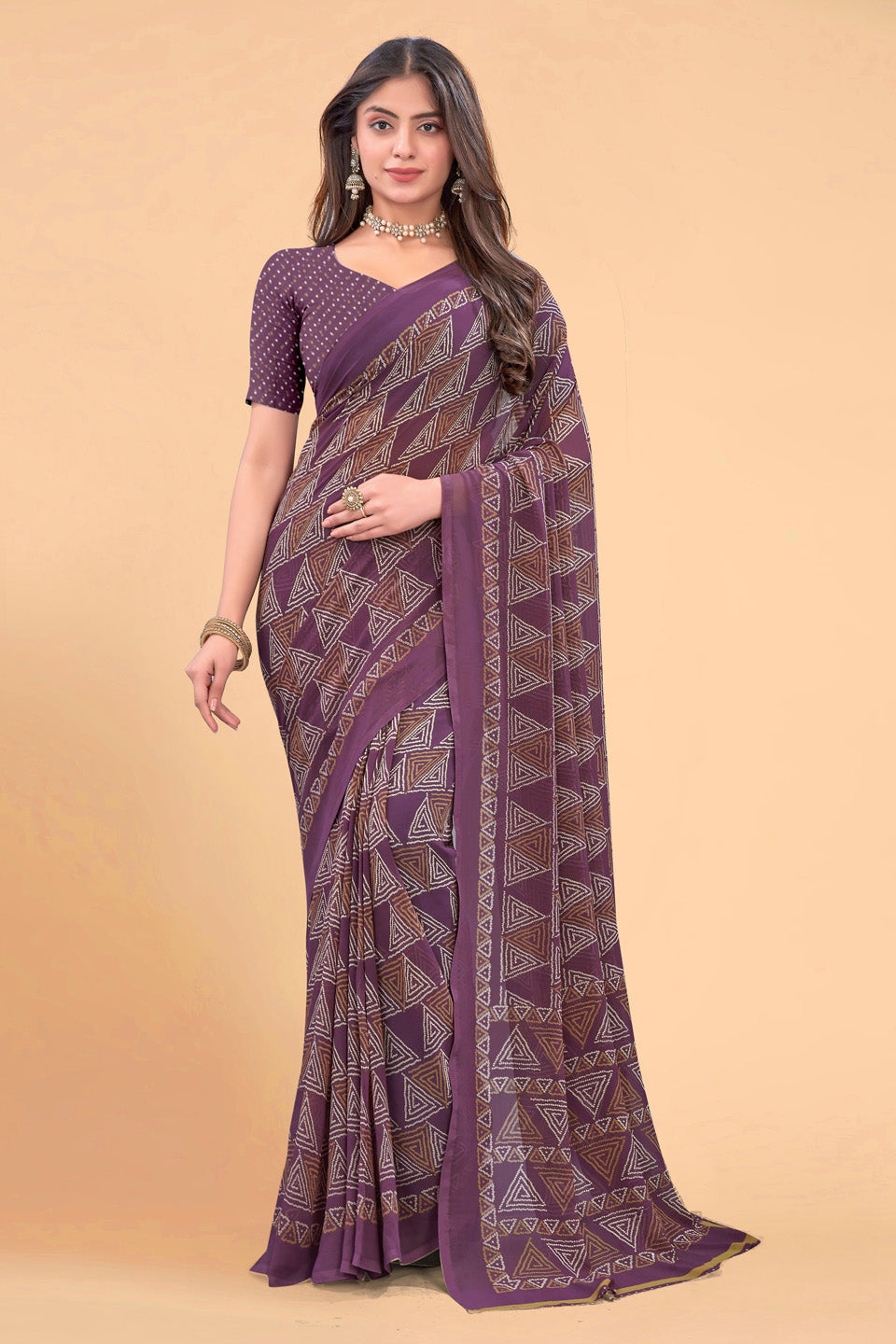 Zamuna Women Royal Purple Georgette Geometric Printed Saree | Lightweight Designer Party Wear Saree