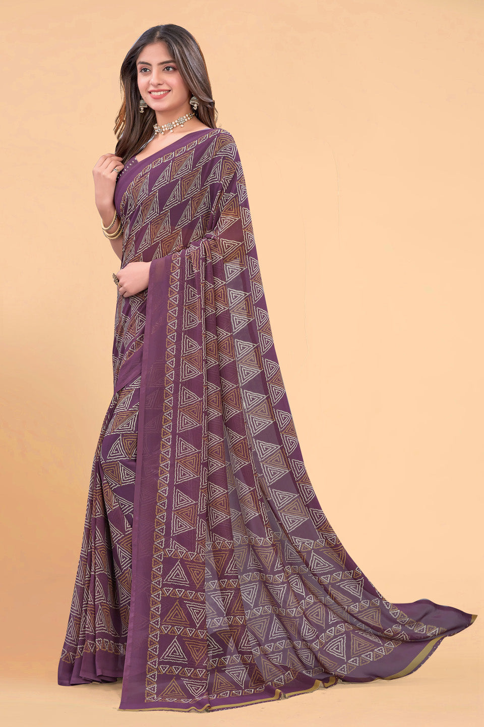 Zamuna Women Royal Purple Georgette Geometric Printed Saree | Lightweight Designer Party Wear Saree