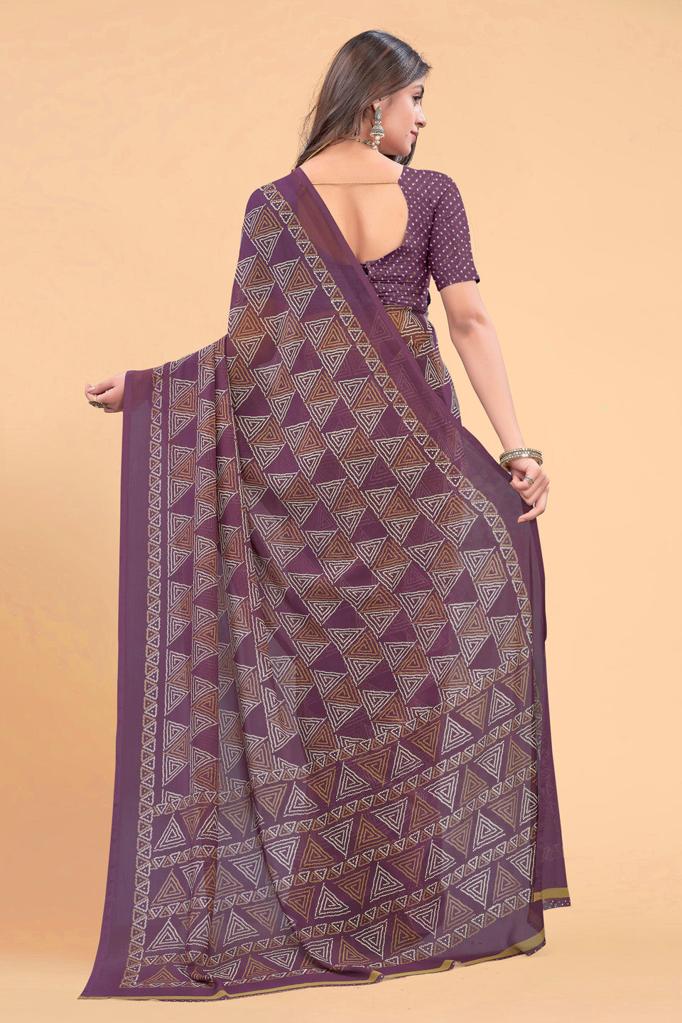 Zamuna Women Royal Purple Georgette Geometric Printed Saree | Lightweight Designer Party Wear Saree