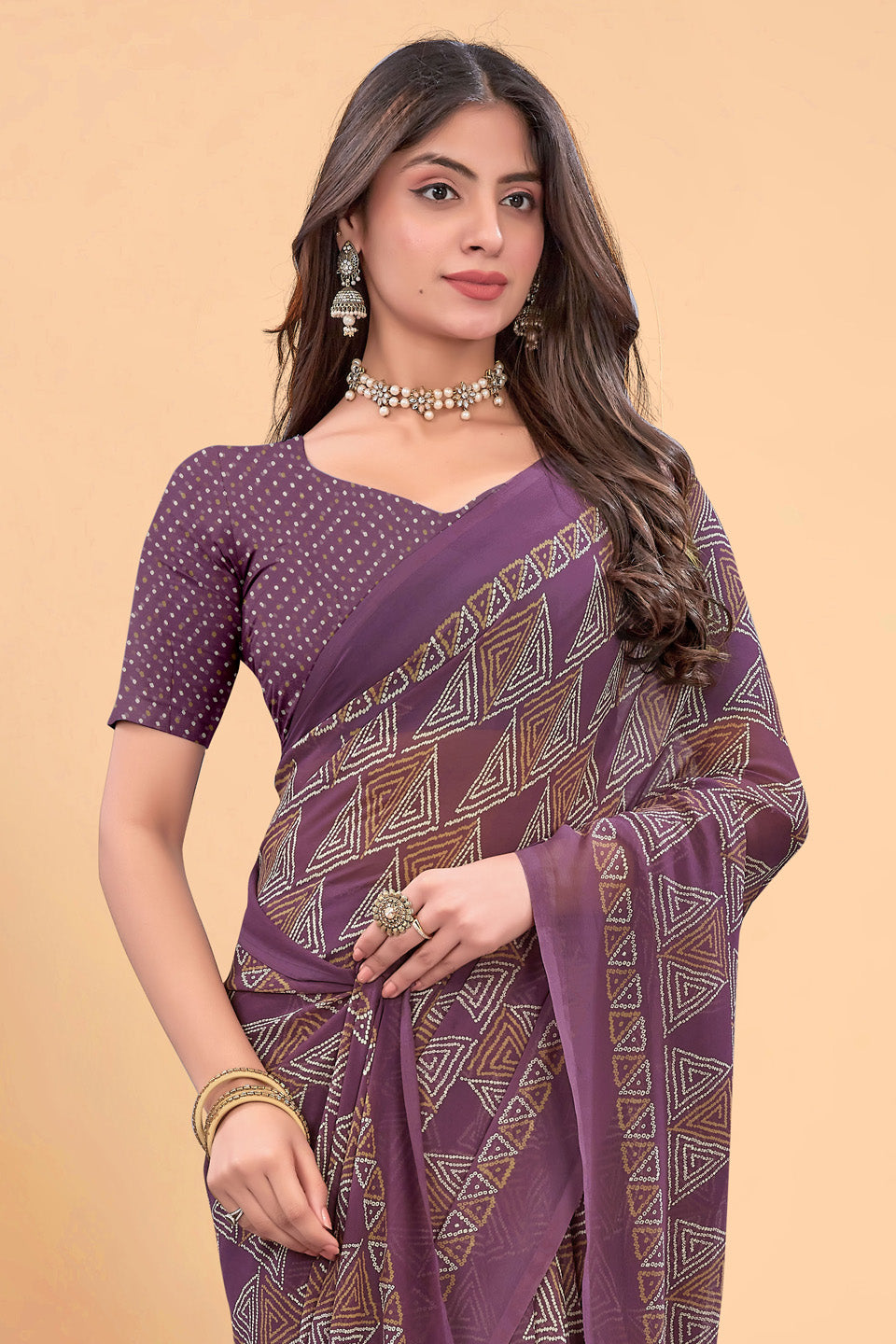 Zamuna Women Royal Purple Georgette Geometric Printed Saree | Lightweight Designer Party Wear Saree