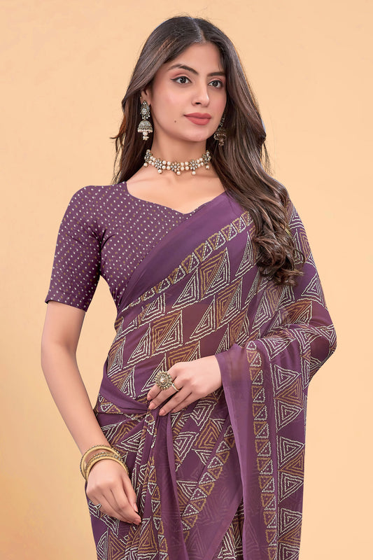 Zamuna Women Royal Purple Georgette Geometric Printed Saree | Lightweight Designer Party Wear Saree