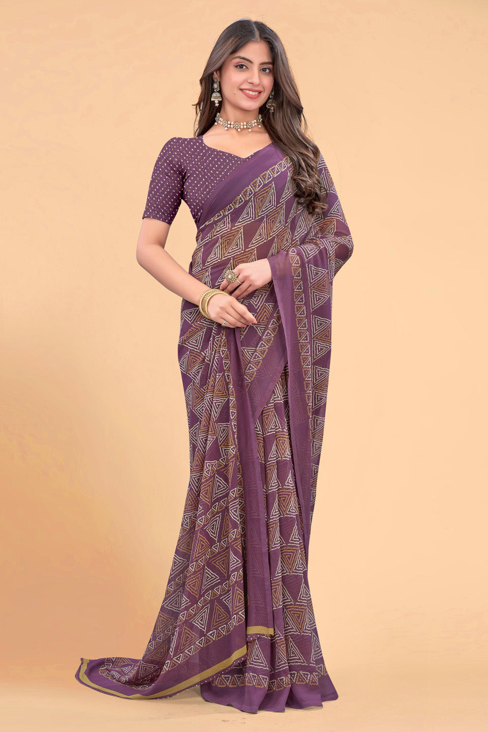 Zamuna Women Royal Purple Georgette Geometric Printed Saree | Lightweight Designer Party Wear Saree