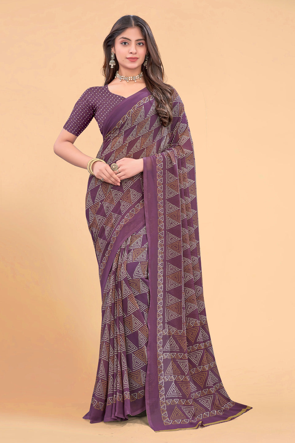 Zamuna Women Royal Purple Georgette Geometric Printed Saree | Lightweight Designer Party Wear Saree