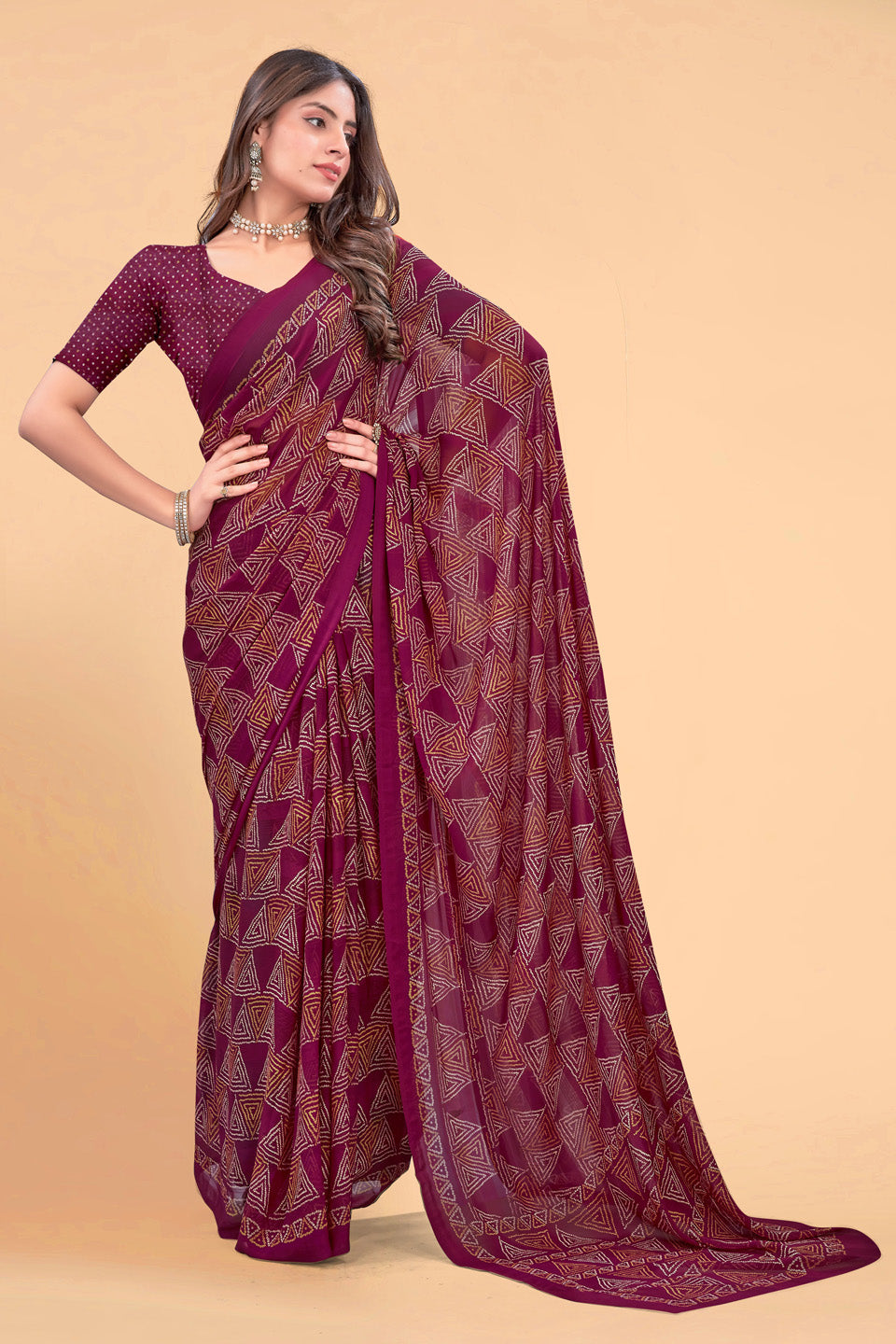 Zamuna Women Magenta Georgette Geometric Printed Saree | Elegant Party & Festive Wear Saree