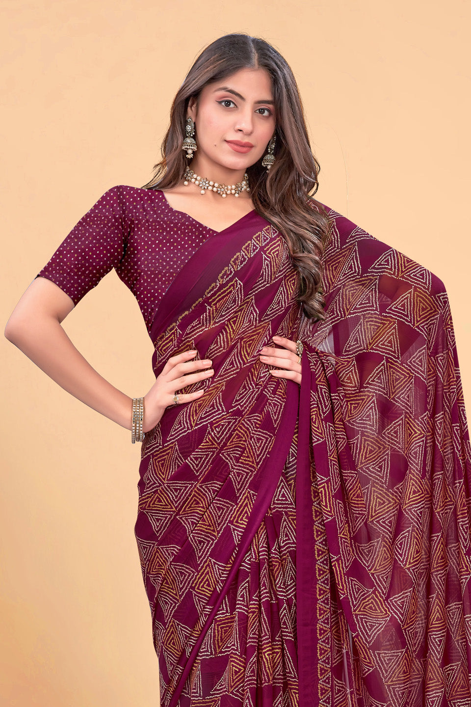 Zamuna Women Magenta Georgette Geometric Printed Saree | Elegant Party & Festive Wear Saree