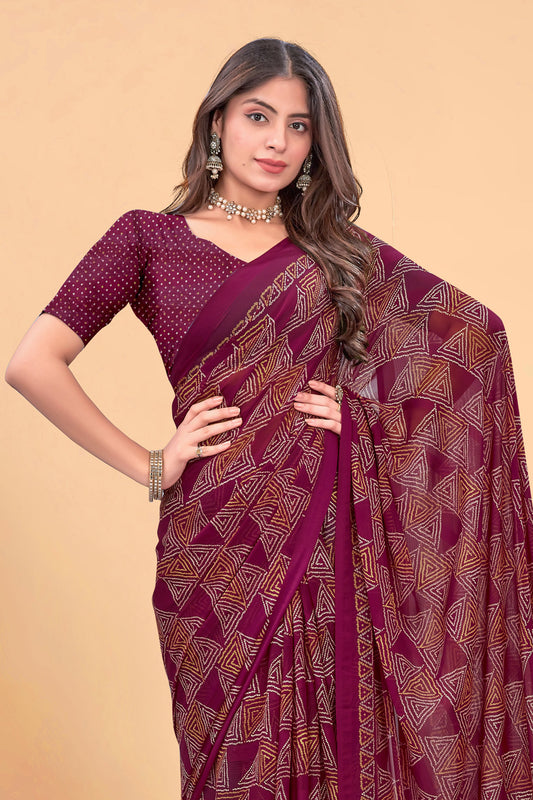 Zamuna Women Magenta Georgette Geometric Printed Saree | Elegant Party & Festive Wear Saree